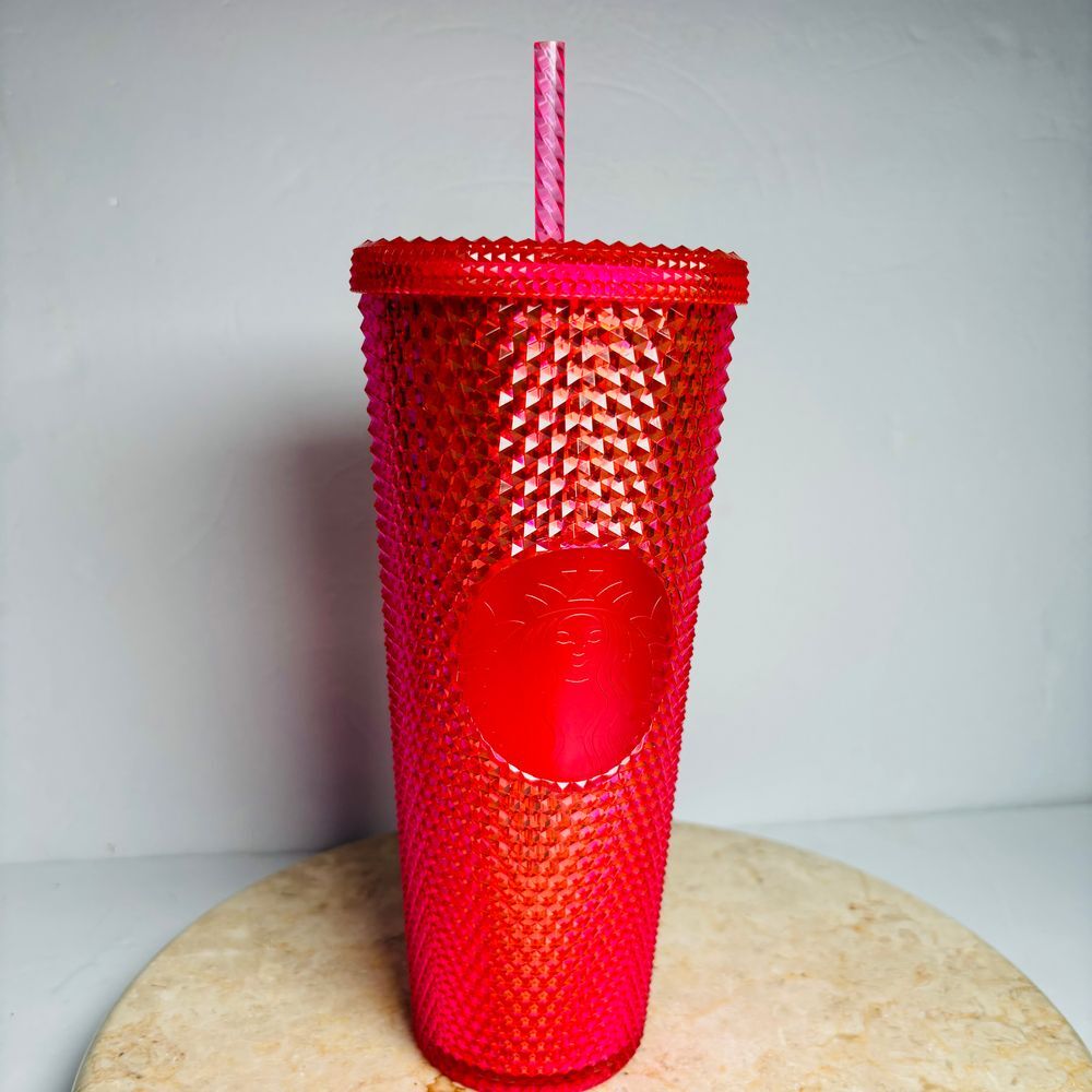 2019 Starbucks Hot‎ Neon Pink Studded Tumbler Cold Cup & Straw 24 oz Venti Drink